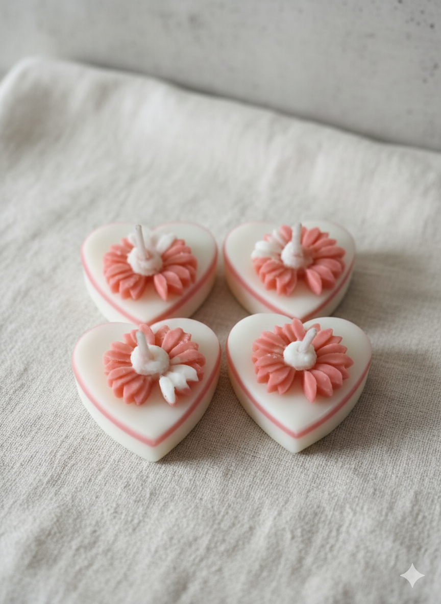 Heart-Shaped Tealight Candles with Daisy Accent (Unscented)